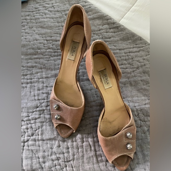 Furla Italian leather peep toe heels brown with silver detail size 40 - Picture 7 of 8